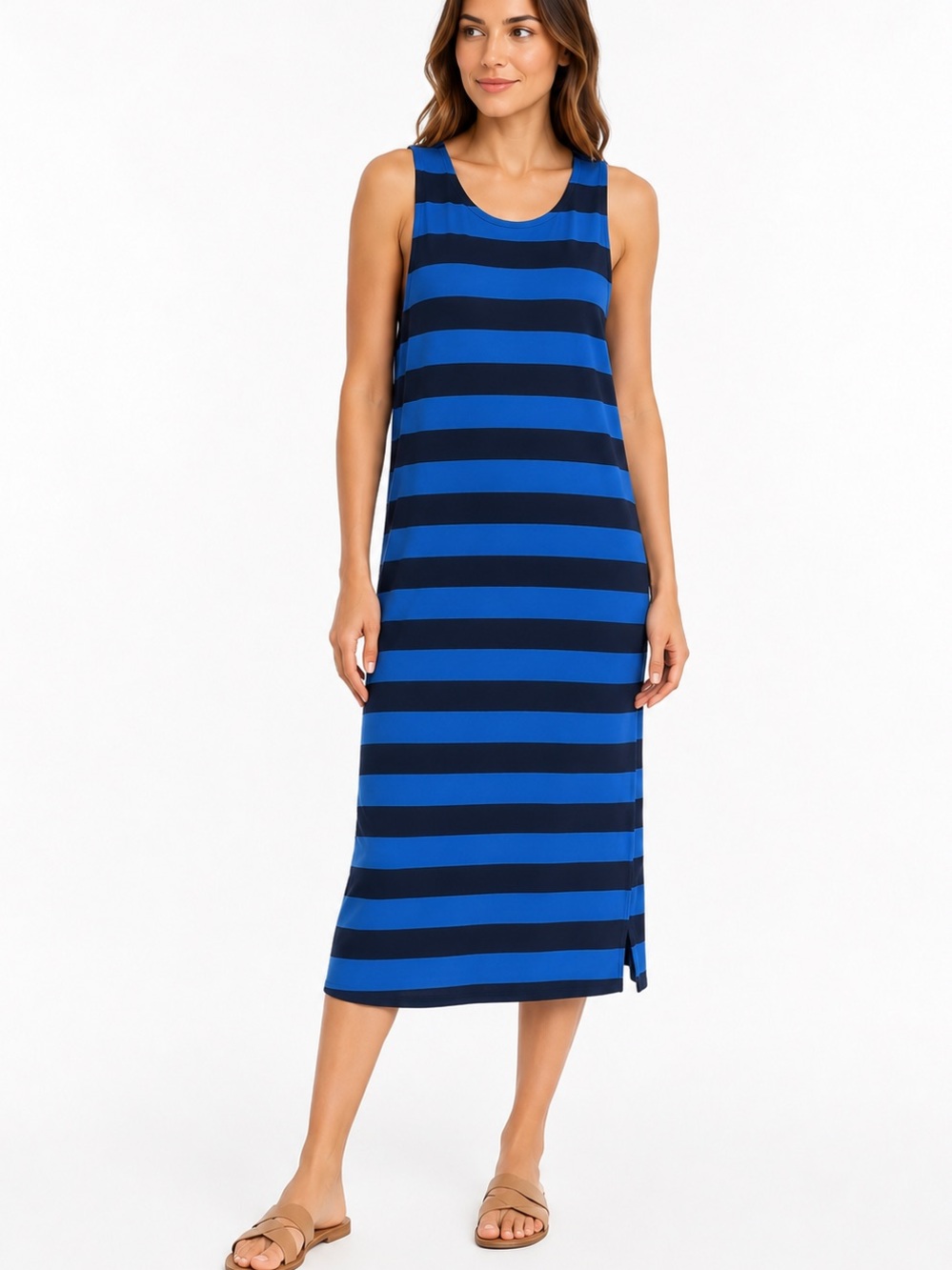 a new day | Blue & Navy Striped Midi Racerback Tank Dress Sz S EUC